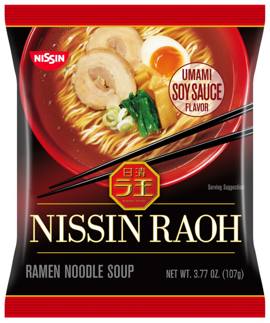 Nissin Raoh Soy Sauce Flavor Soup Ramen, Single packet front