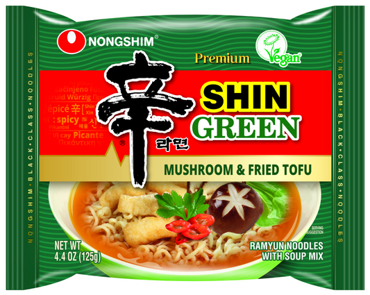 Shin Green Premium Spicy Vegan Ramen with Mushroom and Fried Tofu, single packet